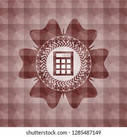 calculator icon inside red emblem or badge with abstract geometric polygonal pattern background. Seamless.