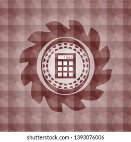 calculator icon inside red emblem or badge with abstract geometric pattern background. Seamless.
