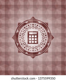 calculator icon inside red polygonal badge. Seamless.