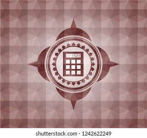 calculator icon inside red seamless emblem or badge with abstract geometric pattern background.