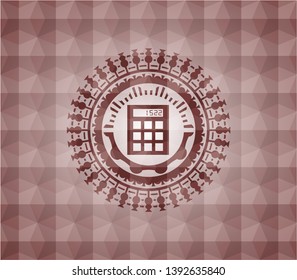 calculator icon inside red seamless emblem or badge with abstract geometric polygonal pattern background.