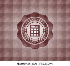 calculator icon inside red seamless emblem or badge with geometric pattern background.