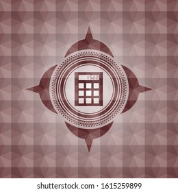 calculator icon inside red seamless emblem with geometric pattern.