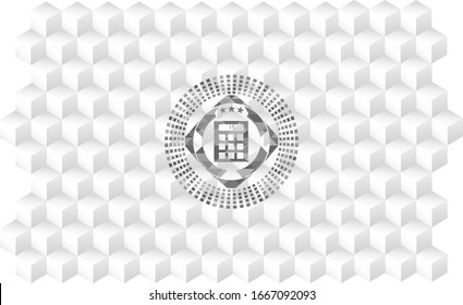 calculator icon inside retro style grey emblem with geometric cube white background
