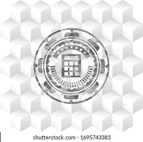 calculator icon inside retro style grey emblem with geometric cube white background