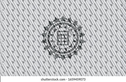 calculator icon inside shiny silver emblem. Scales pattern. Vector Illustration. Detailed.