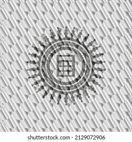 calculator icon inside silver badge. Scales pattern. Vector Illustration. Detailed. 