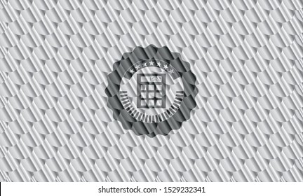 calculator icon inside silver shiny emblem. Scales pattern. Vector Illustration. Detailed.