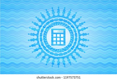 calculator icon inside sky blue water badge background.
