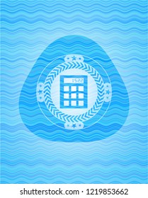 calculator icon inside sky blue water wave emblem.