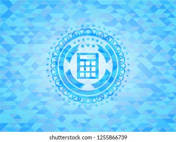 calculator icon inside sky blue mosaic emblem