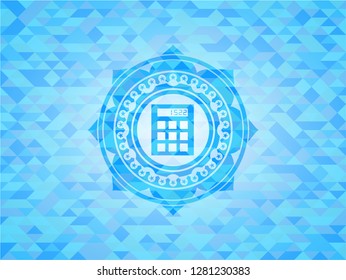 calculator icon inside sky blue emblem. Mosaic background