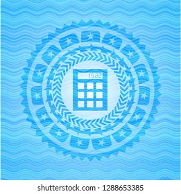 calculator icon inside sky blue water wave badge.