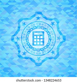 calculator icon inside sky blue emblem. Mosaic background