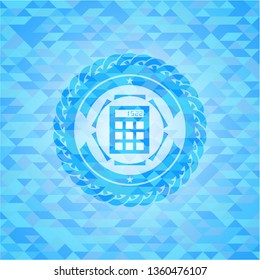 calculator icon inside sky blue emblem with mosaic background