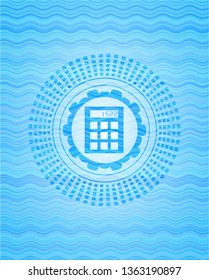 calculator icon inside sky blue water wave emblem.
