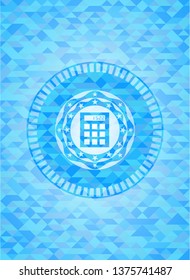 calculator icon inside sky blue emblem with triangle mosaic background