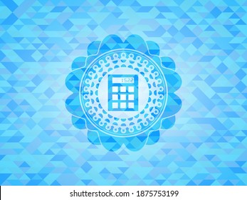calculator icon inside sky blue emblem with mosaic ecological style background. 
