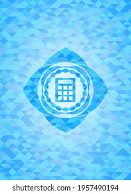 calculator icon inside sky blue emblem. Mosaic background. 
