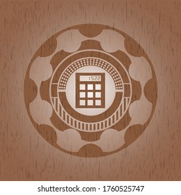 calculator icon inside vintage wooden emblem. 