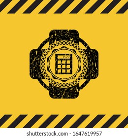 calculator icon inside warning sign, black grunge emblem. Vector Illustration. Detailed.