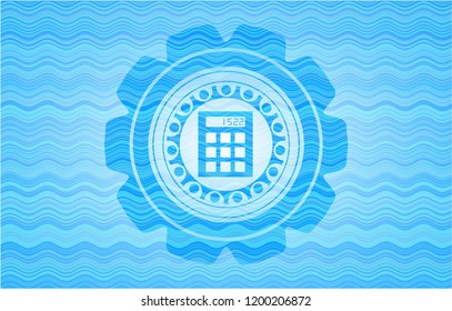 calculator icon inside water concept style badge.