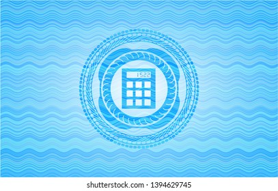 calculator icon inside water concept emblem.