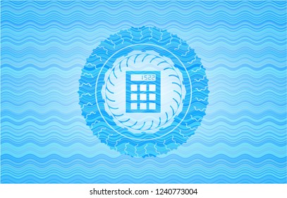 calculator icon inside water representation emblem.
