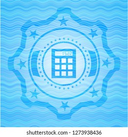 calculator icon inside water representation emblem.