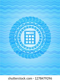 calculator icon inside water representation emblem background.
