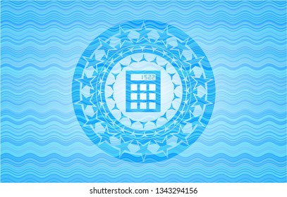 calculator icon inside water representation badge background.
