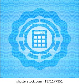 calculator icon inside water representation emblem background.