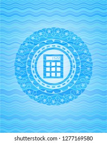 calculator icon inside water wave concept style emblem.