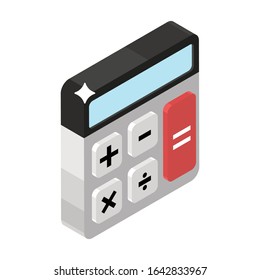 Calculator icon of isometric design, accounting tool  