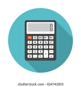 Calculator icon with long shadow. Flat design style. Round icon. Calculator silhouette. Simple circle icon. Modern flat icon in stylish colors. Web site page and mobile app design vector element.