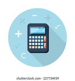 Calculator icon with mathematical symbols multiplication division plus minus construction background in the root flat design long shadow style
