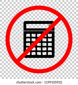 Calculator icon. Not allowed, black object in red warning sign with transparent background