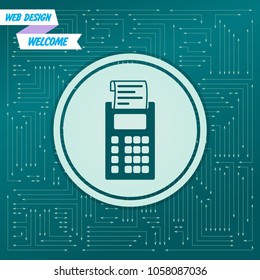 calculator icon on a green background, with arrows in different directions. It appears on the electronic board. Vector illustration