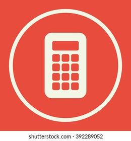 Calculator icon, on red background, white circle border, white outline