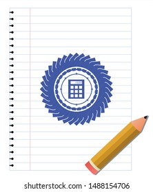 calculator icon pen strokes emblem. Blue ink. Vector Illustration. Detailed.