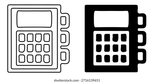 A calculator icon presented in both line art and silhouette styles, featuring a screen and keypad.