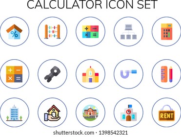 calculator icon set. 15 flat calculator icons.  Collection Of - mortgage, abacus, stem, school, offices, micrometer, office, real estate, rent