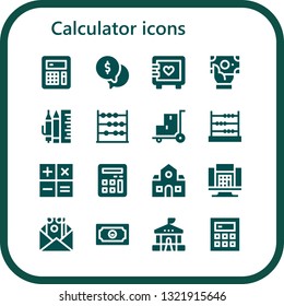 calculator icon set. 16 filled calculator icons.  Collection Of - Calculator, Money, Strongbox, School material, Abacus, Trolley, School