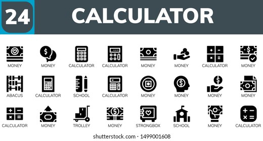 calculator icon set. 24 filled calculator icons.  Simple modern icons about  - Money, Calculator, Abacus, School, Trolley, Strongbox