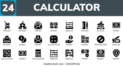 calculator icon set. 24 filled calculator icons.  Simple modern icons about  - Trolley, School, Money, Abacus, Calculator, Protractor, Stapler