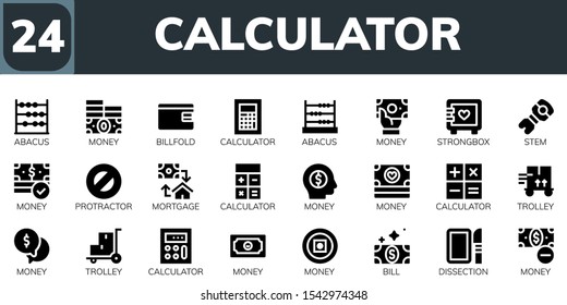 calculator icon set. 24 filled calculator icons.  Simple modern icons about  - Abacus, Money, Billfold, Calculator, Strongbox, Stem, Protractor, Mortgage, Trolley, Bill, Dissection