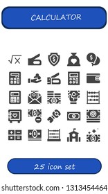 calculator icon set. 25 filled calculator icons.  Collection Of - Math, Stapler, Money, Budget, Calculator, Billfold, Abacus, Strongbox, Stem, School, Bill
