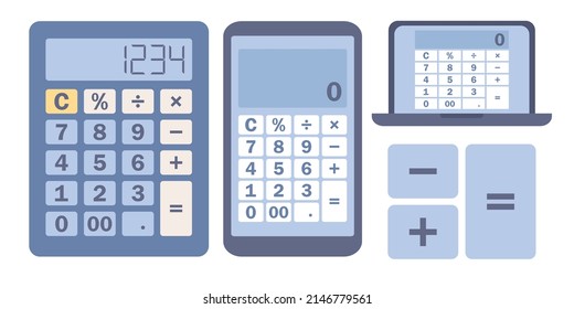 Calculator icon set. Basic calculator with set of digits in smartphone app and laptop. Vector flat illustration