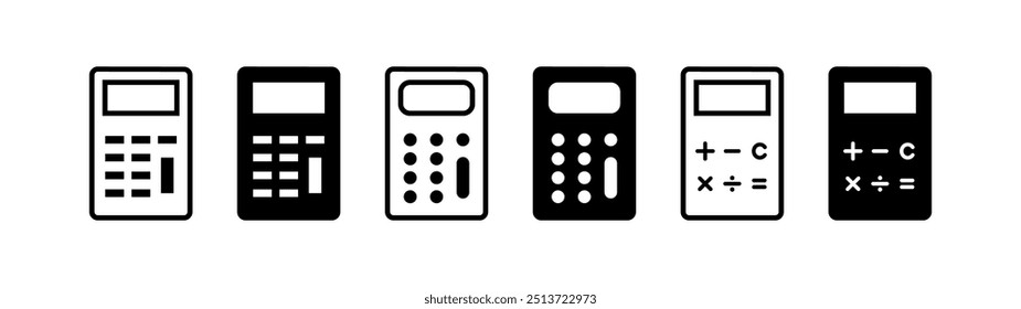 Conjunto de iconos de calculadora. Contorno de color negro o icono sólido sobre fondo blanco.