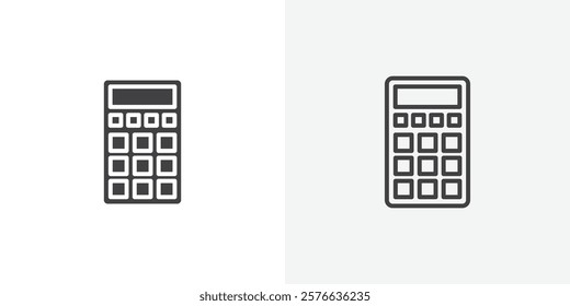 Calculator icon set in black flat solid and outlined style.